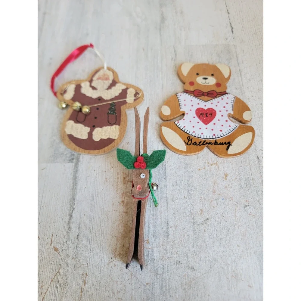 Vintage Santa Claus Bell reindeer wooden ornament Xmas set unique